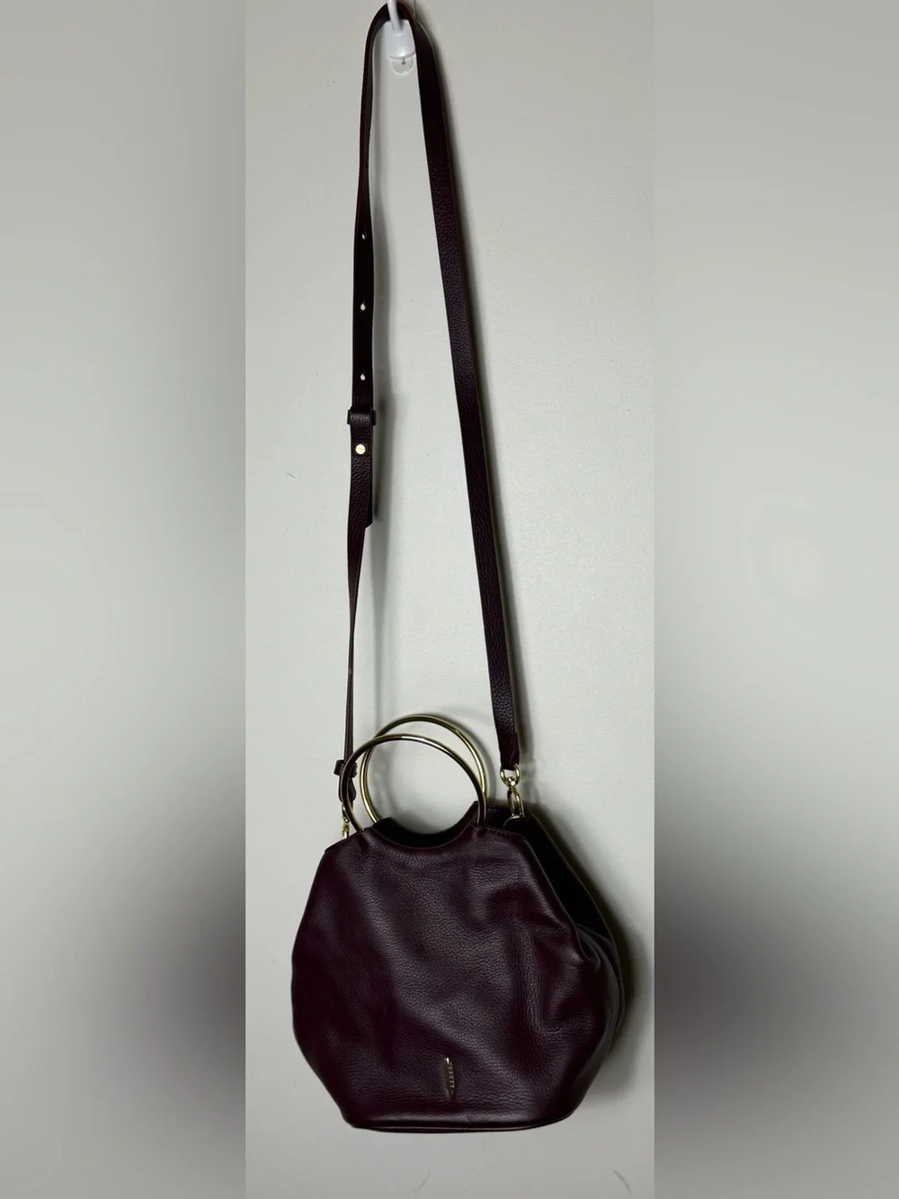 Thacker New York Bonnie O gold handle bucket Crossbody Purse burgundy Leather
